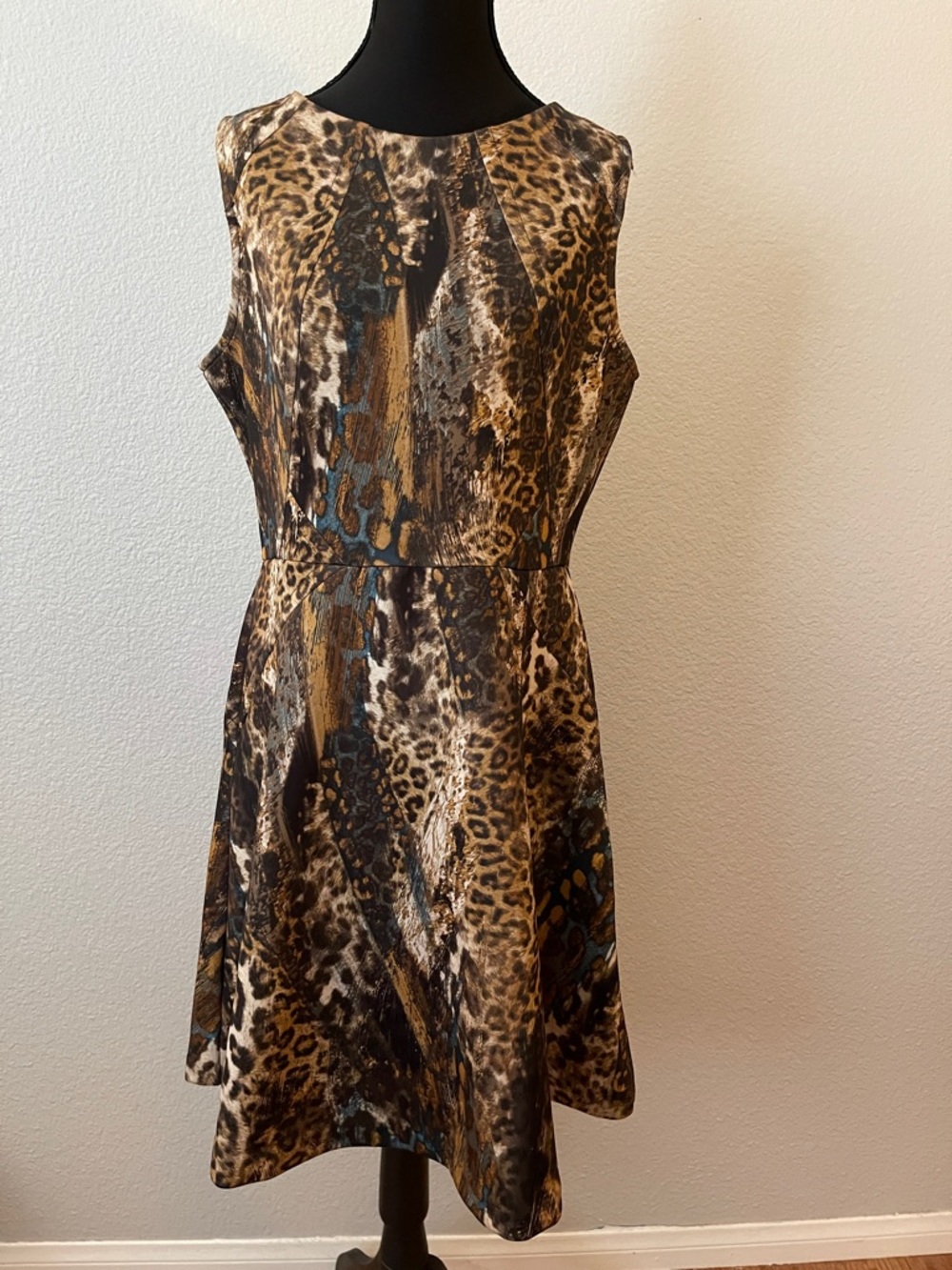 Jennifer Lopez Sleeveless Animal Print Midi Dress in Brown and Black
